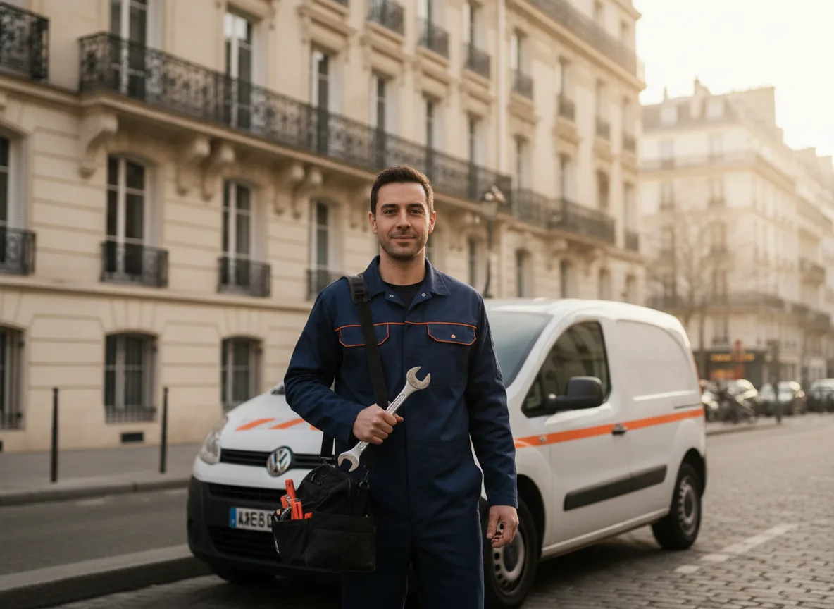 Entreprise de chauffage à Paris (75) : artisan chauffagiste PCI certifié RGE et son utilitaire dans une rue haussmannienne parisienne