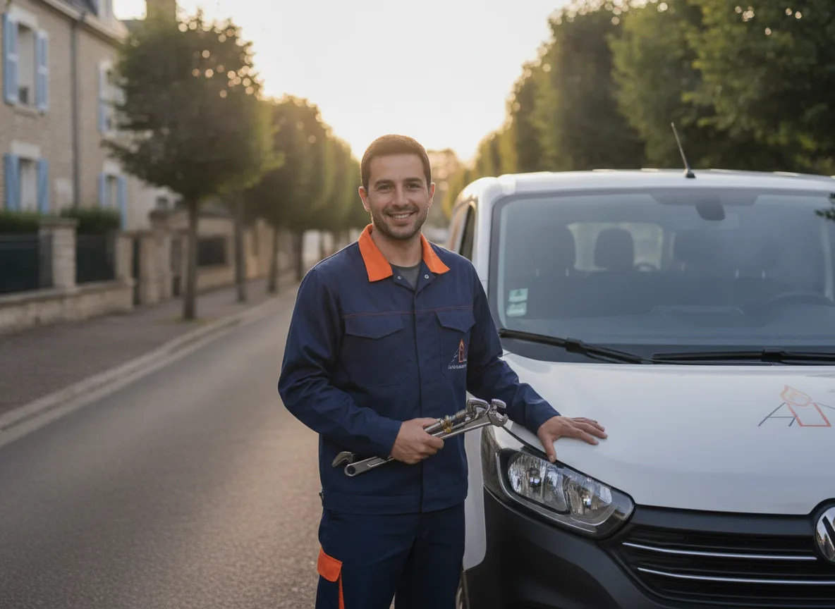 Entreprise de chauffage dans les Yvelines (78) : artisan chauffagiste PCI certifié RGE et son utilitaire dans un quartier résidentiel du 78