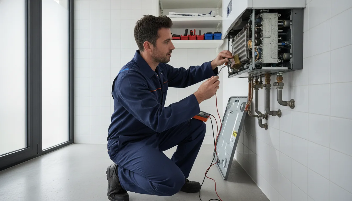 Chauffagiste Pro Chauffagiste IDF entretenant une chaudière en Île-de-France