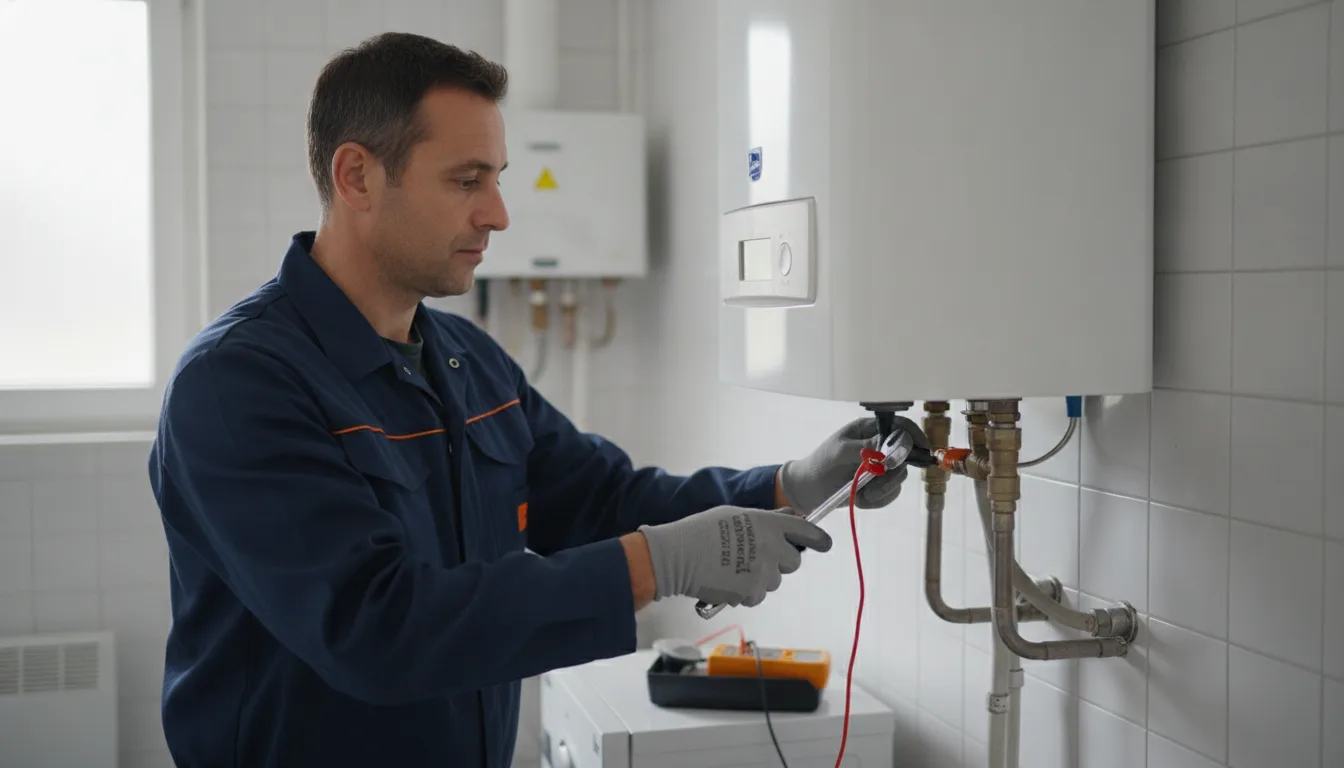 Chauffagiste Pro Chauffagiste IDF entretenant un chauffe-eau en Île-de-France