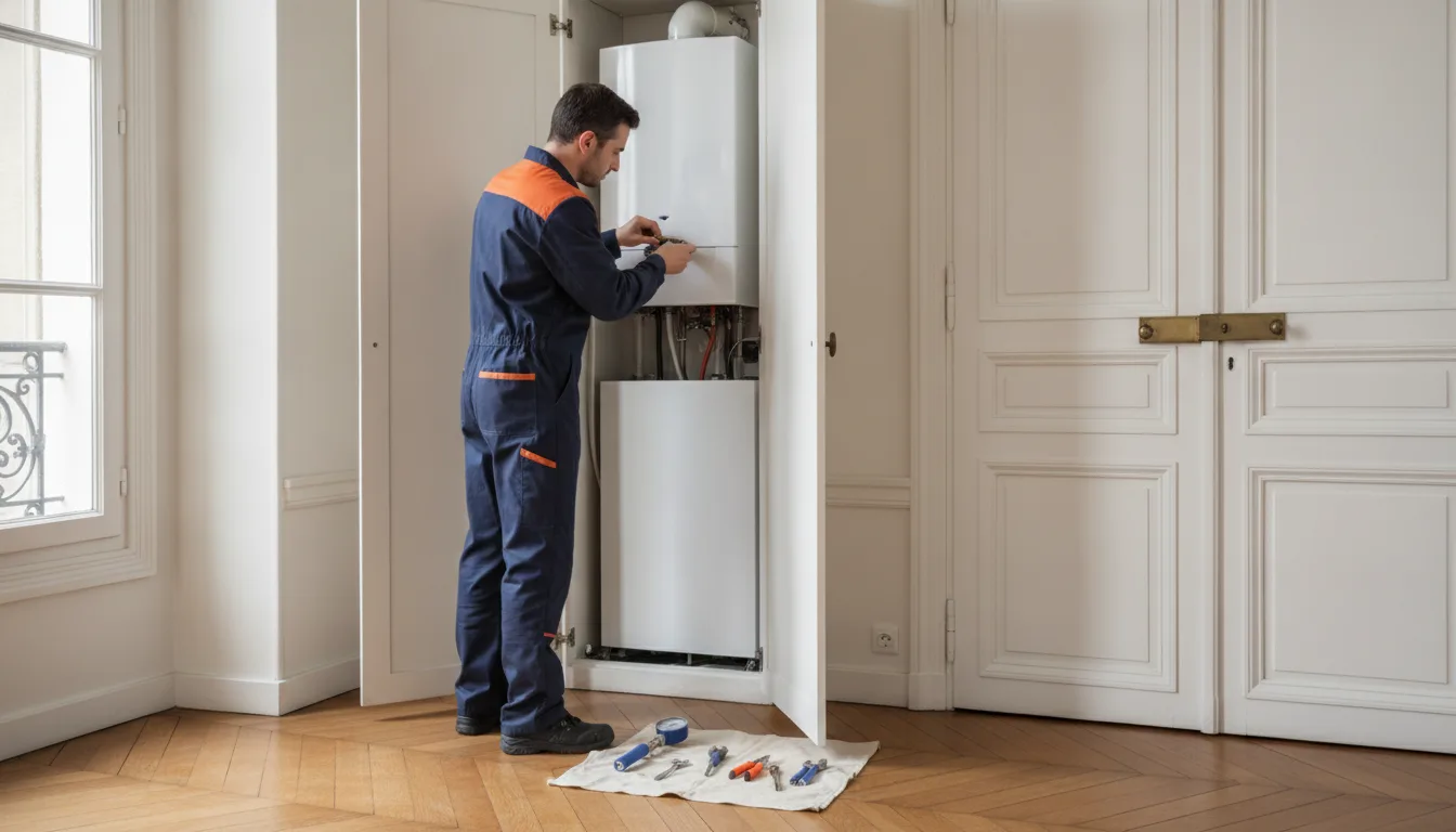 Chauffagiste PCI en intervention sur une chaudiere gaz dans un immeuble haussmannien a Paris 1er